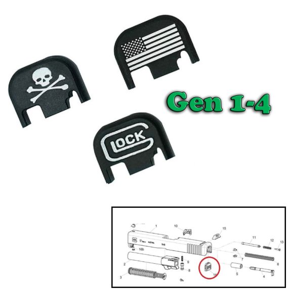 Verschluss-Deckplatte für Glock für Gen 1-4  aus Aluminium verschiedene Motive eingraviert